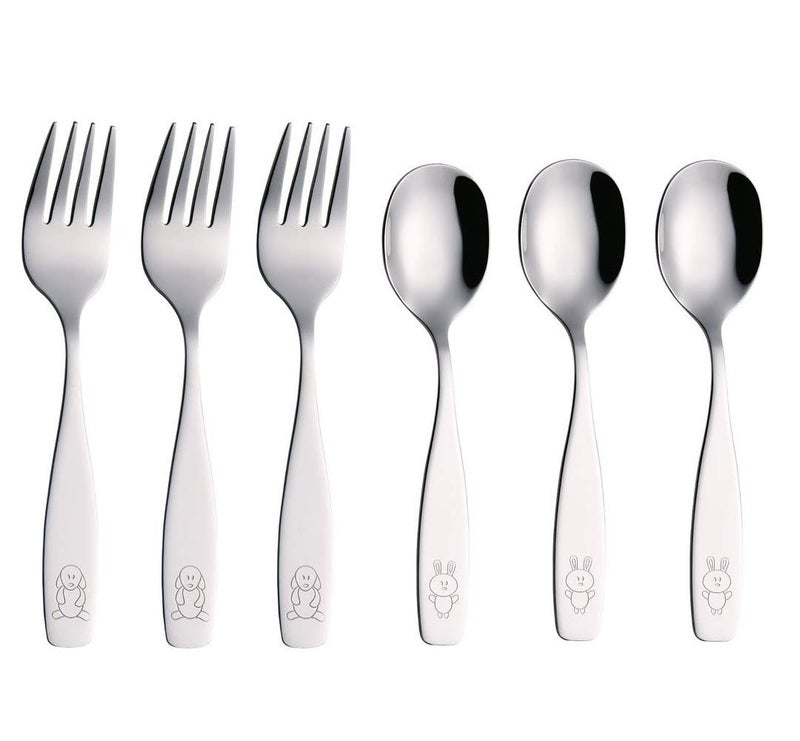 Exzact ANNOVA Kids Silverware 6 Pieces Children's Safe Flatware Set Stainless Steel - 3 x Forks, 3 x Children Dinner Spoons, Toddler Utensils, Metal Cutlery Set for LunchBox (Engraved Dog Bunny) - Image 1